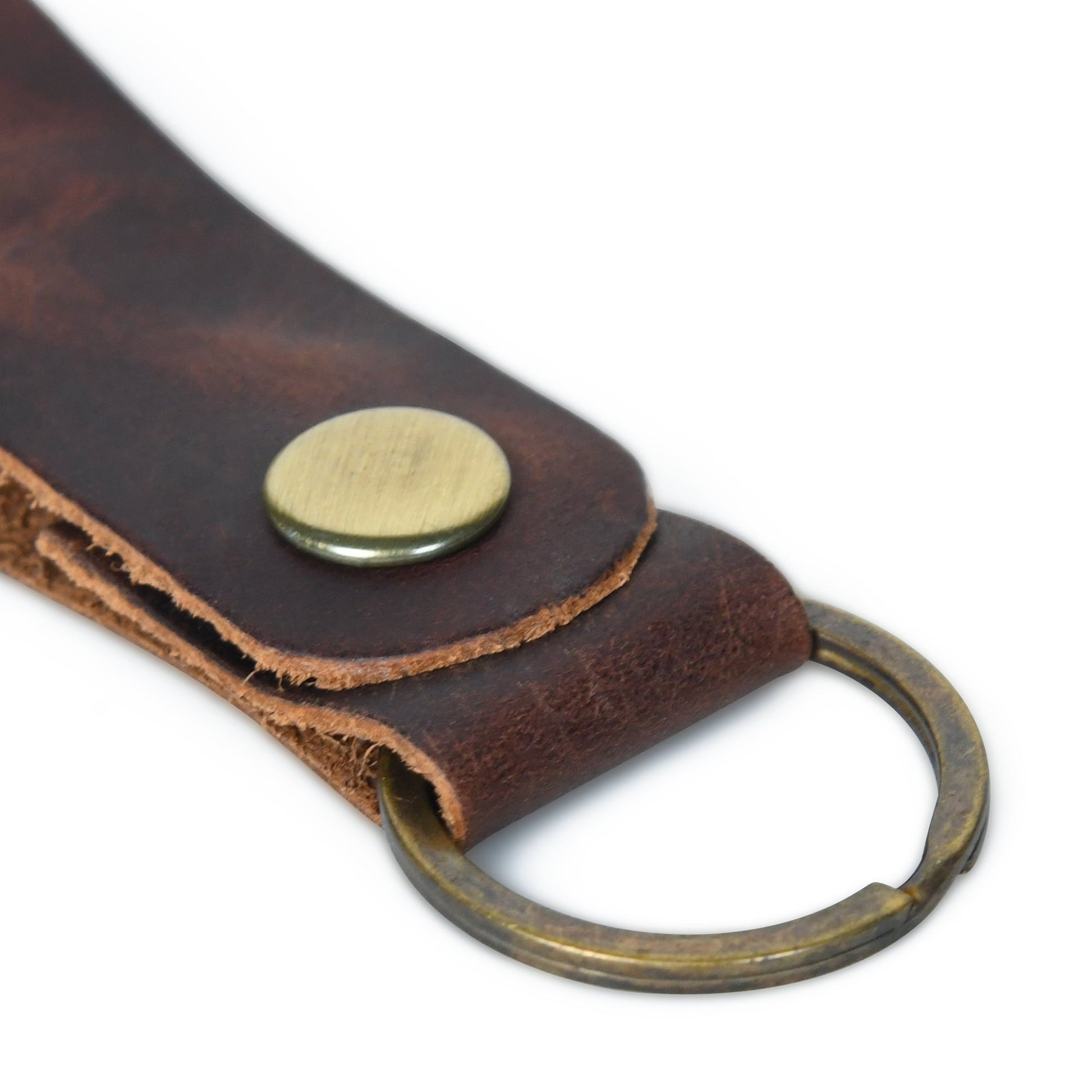 Full grain leather key fob with brass snap and metal ring