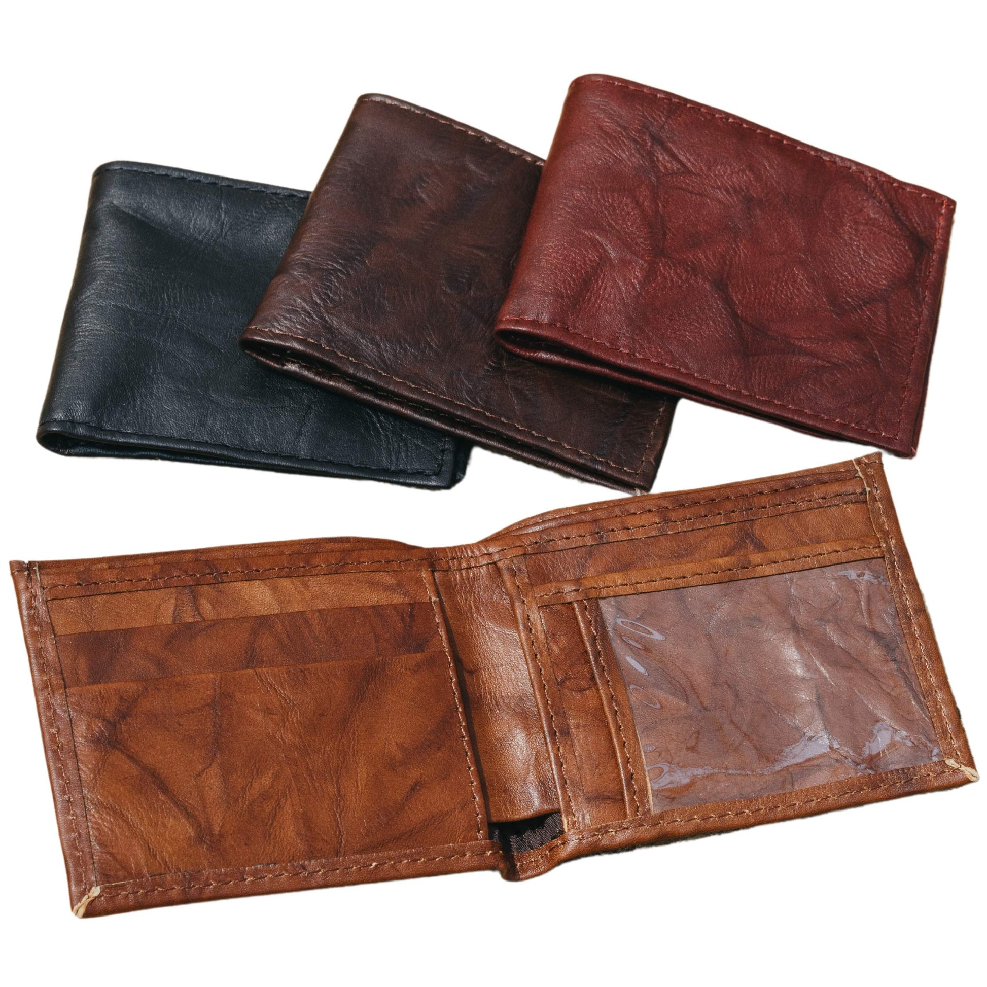 Mens Leather Bifold Wallet with ID Window - Handmade Leather Goods Duna Red Wine Leather