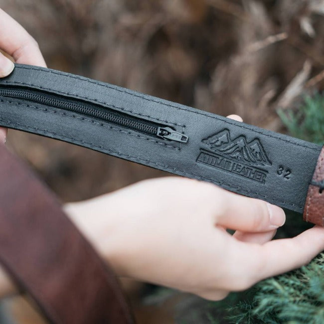 Brown Leather Money Belt Belt with Hidden Zipper Pocket