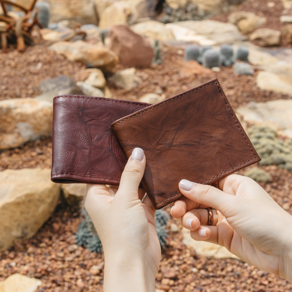 Mens Leather Bifold Wallet with ID Window - Handmade Leather Goods Duna Red Wine Leather