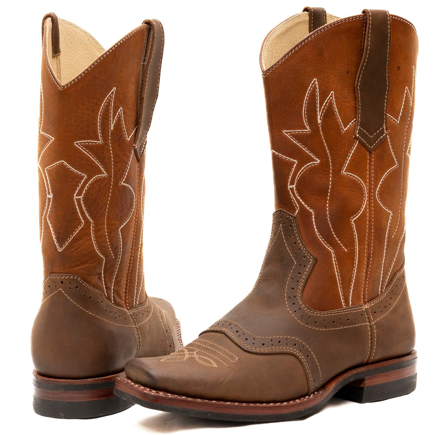 Square Toe Double Stitched Cowboy Boots with perforations - Atitlan Leather